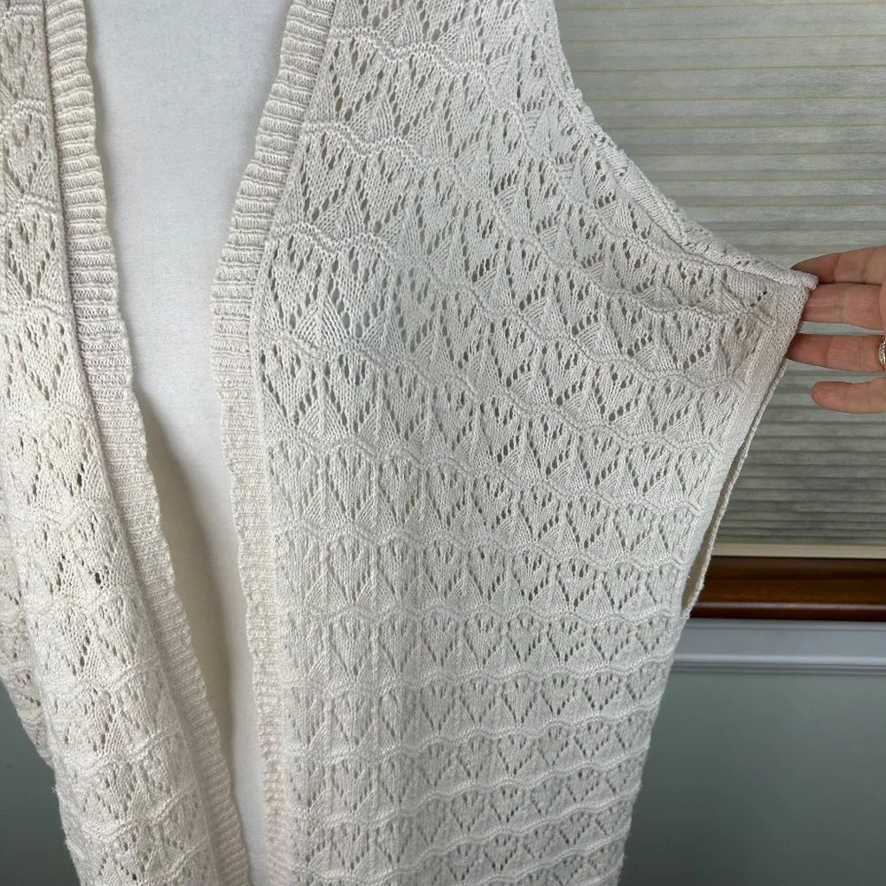 LA Hearts Cotton Linen Crochet Open Knit Open Front Longline Fringed Cardigan